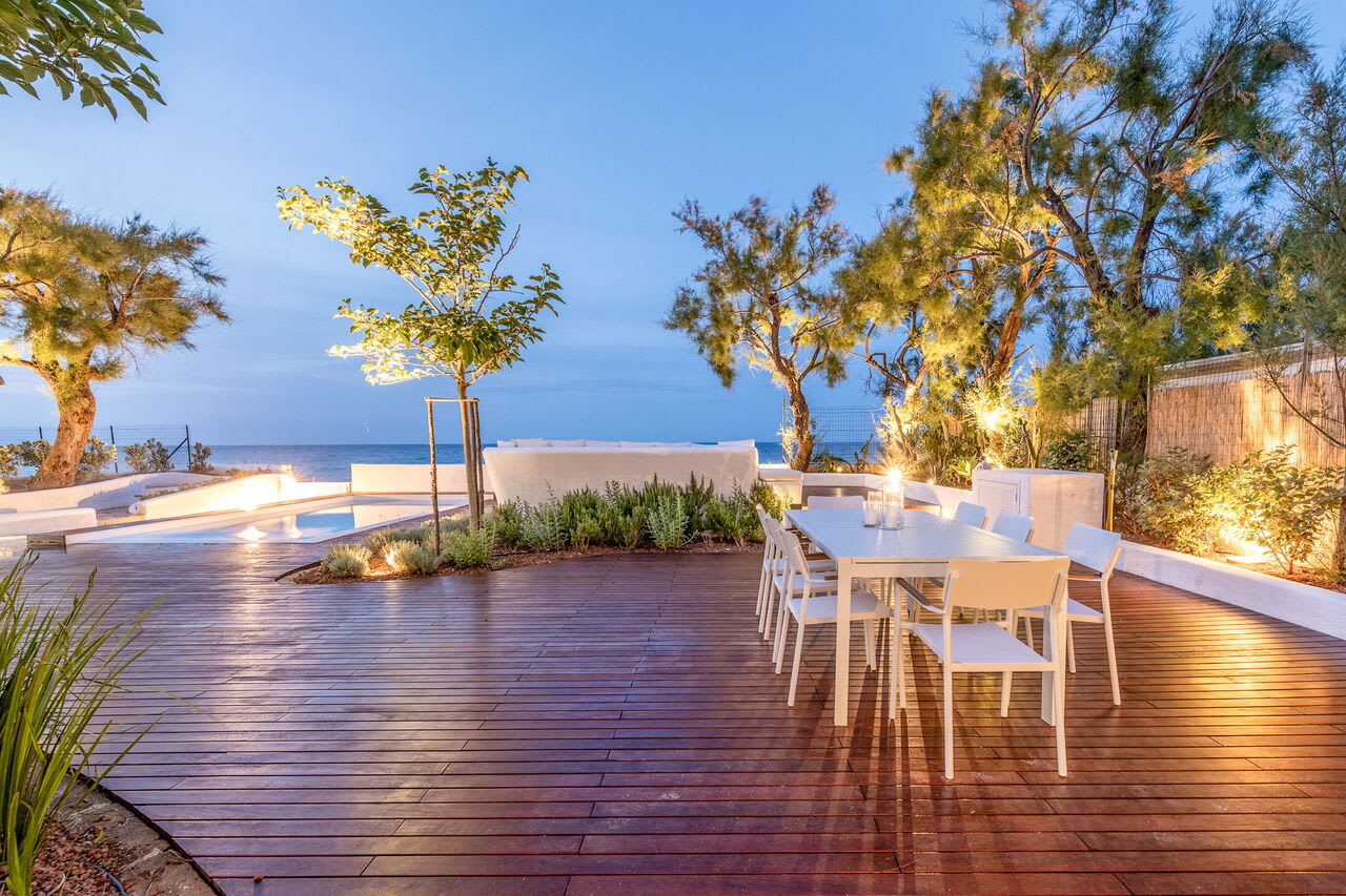 Terrace with table at night